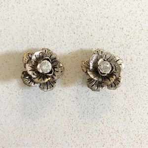 Rose Flower Silver Tone With Jewel Clip On Earrings